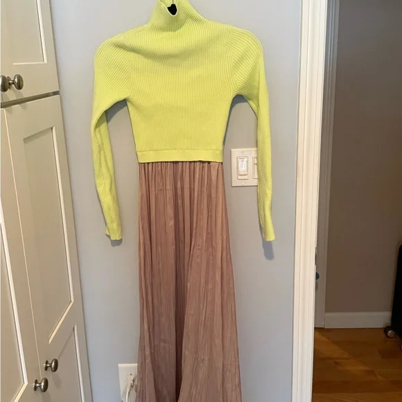 NWOT Anthropologie Thea twofer long-sleeved maxi dress in lime and taupe - Picture 2 of 4